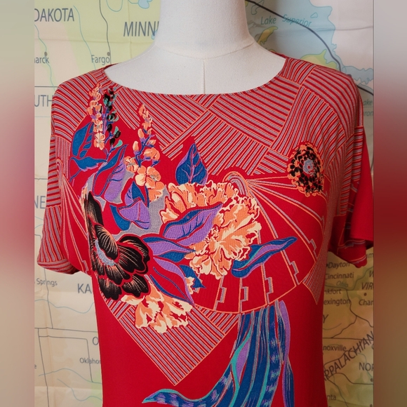 Lizzy & Johnny Silk Dress Red With Floral Asian Print Side Slit Slit Sleeves - Picture 2 of 16